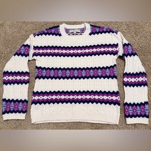 Ann Taylor LOFT Size XS Sweater White & Purple Pattern SOFT Cozy Long Sleeve